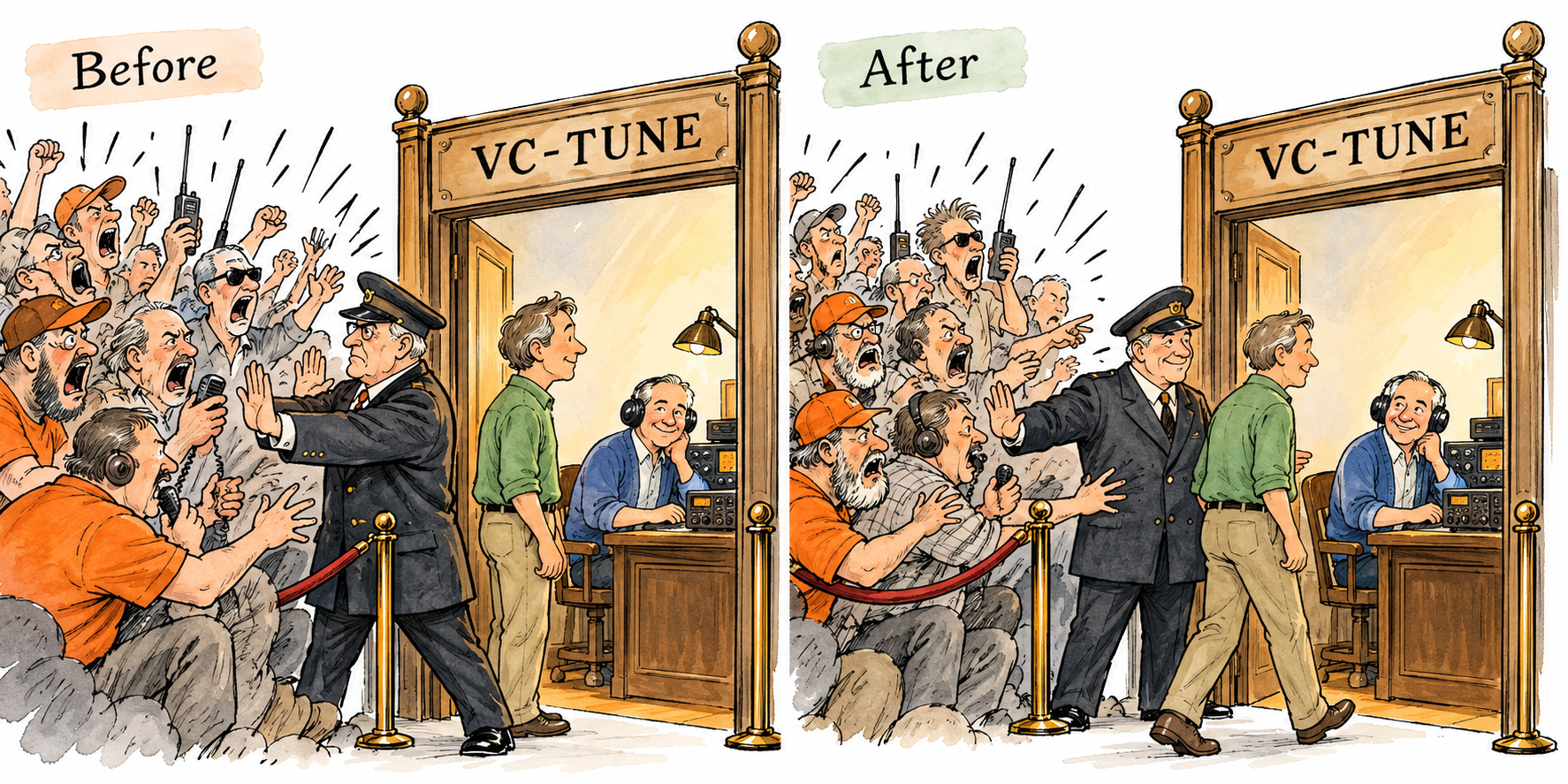 A crowd queues at an entrance marked VC-TUNE, an early frequency-selective doorway into the receiver.