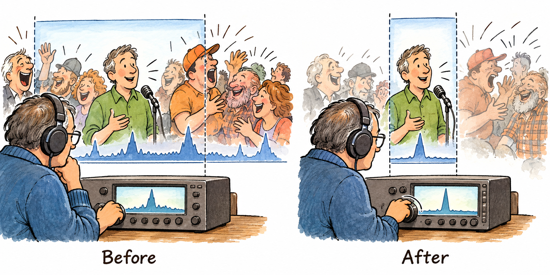 A listener uses a movable window to focus on the wanted voice and move away from nearby interference.