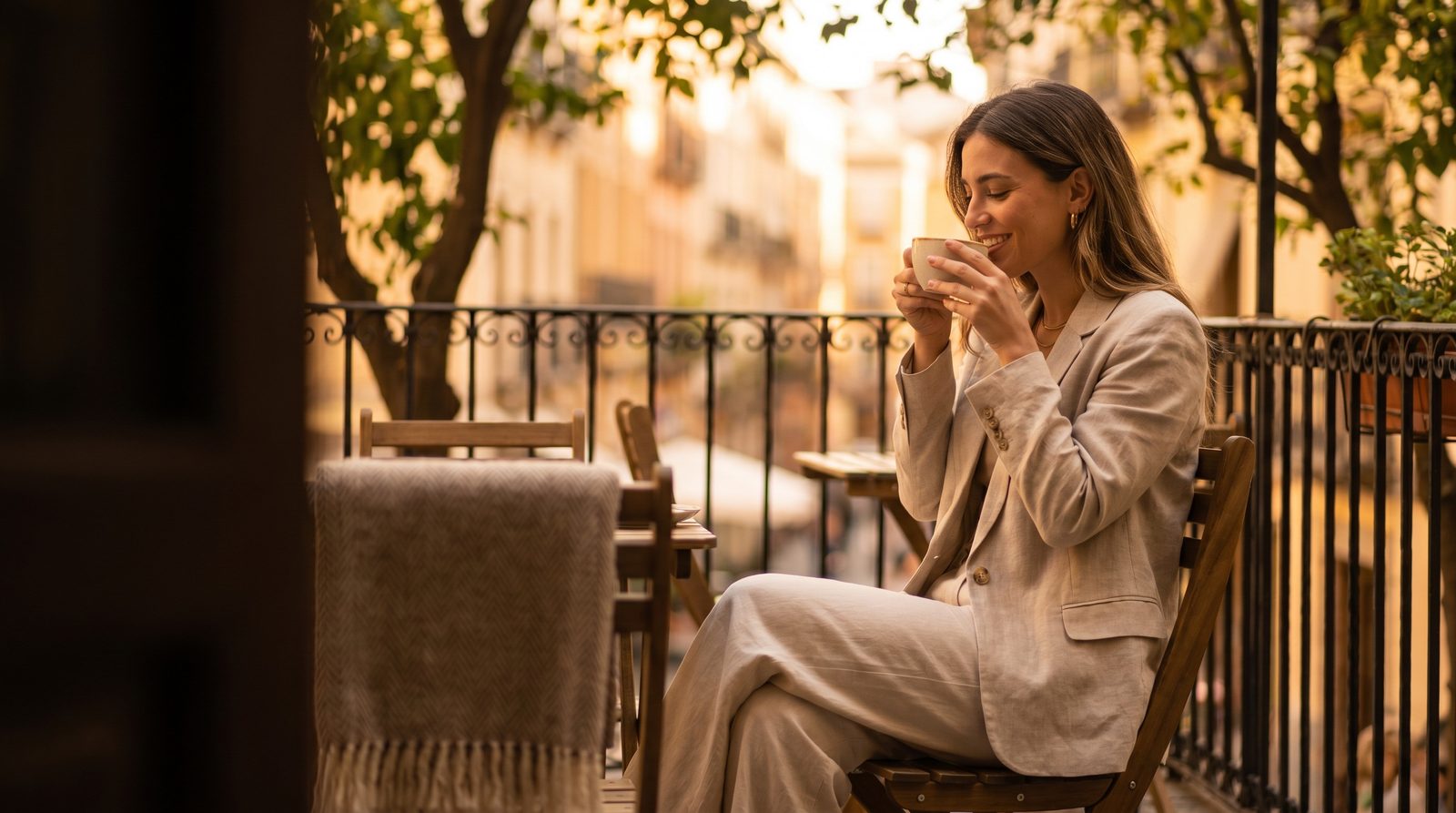 AI Influencer studio — lifestyle portrait at golden hour