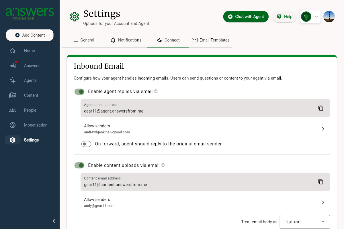 The Inbound Email Configuration card