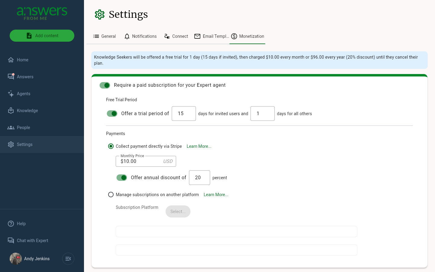 The Monetization settings page