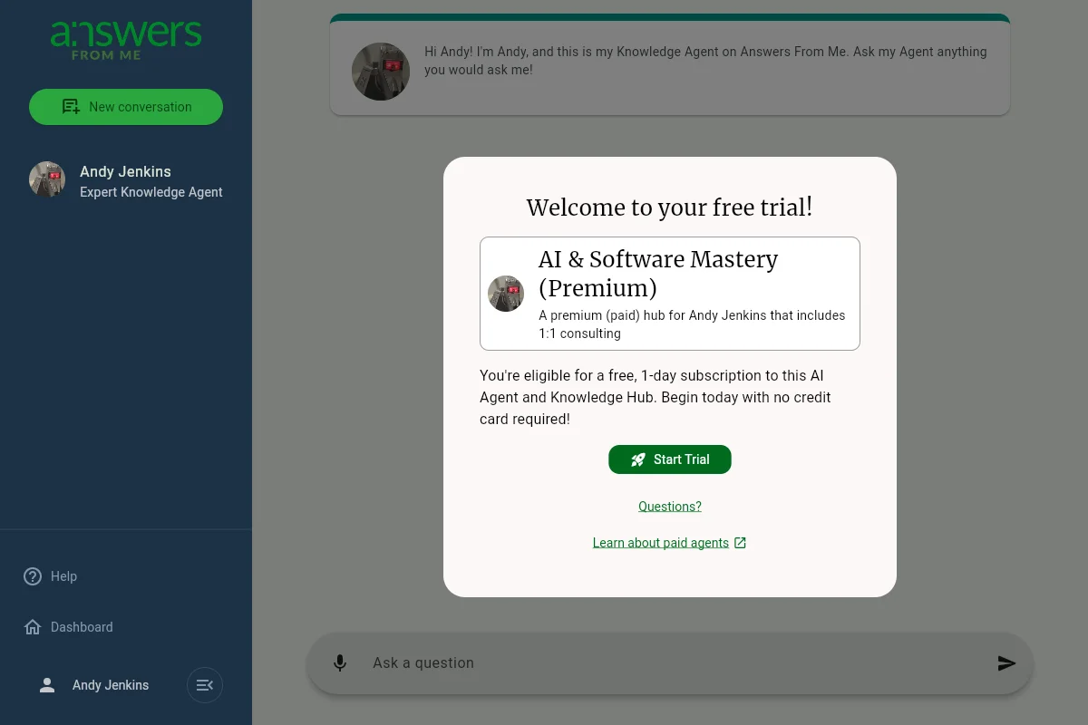 The free trial welcome screen