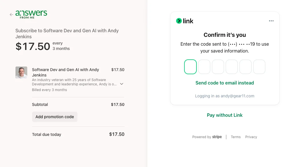 The Stripe checkout page