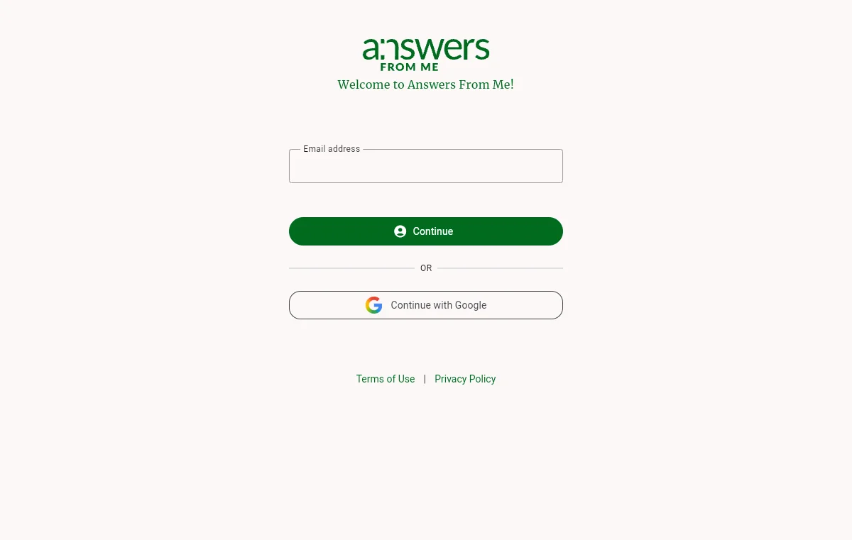 The Answers From Me welcome screen