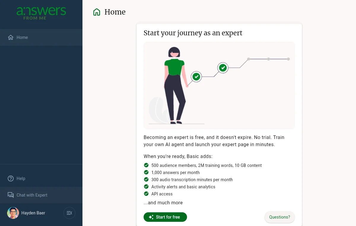 The Dashboard home page with the Start for free invitation