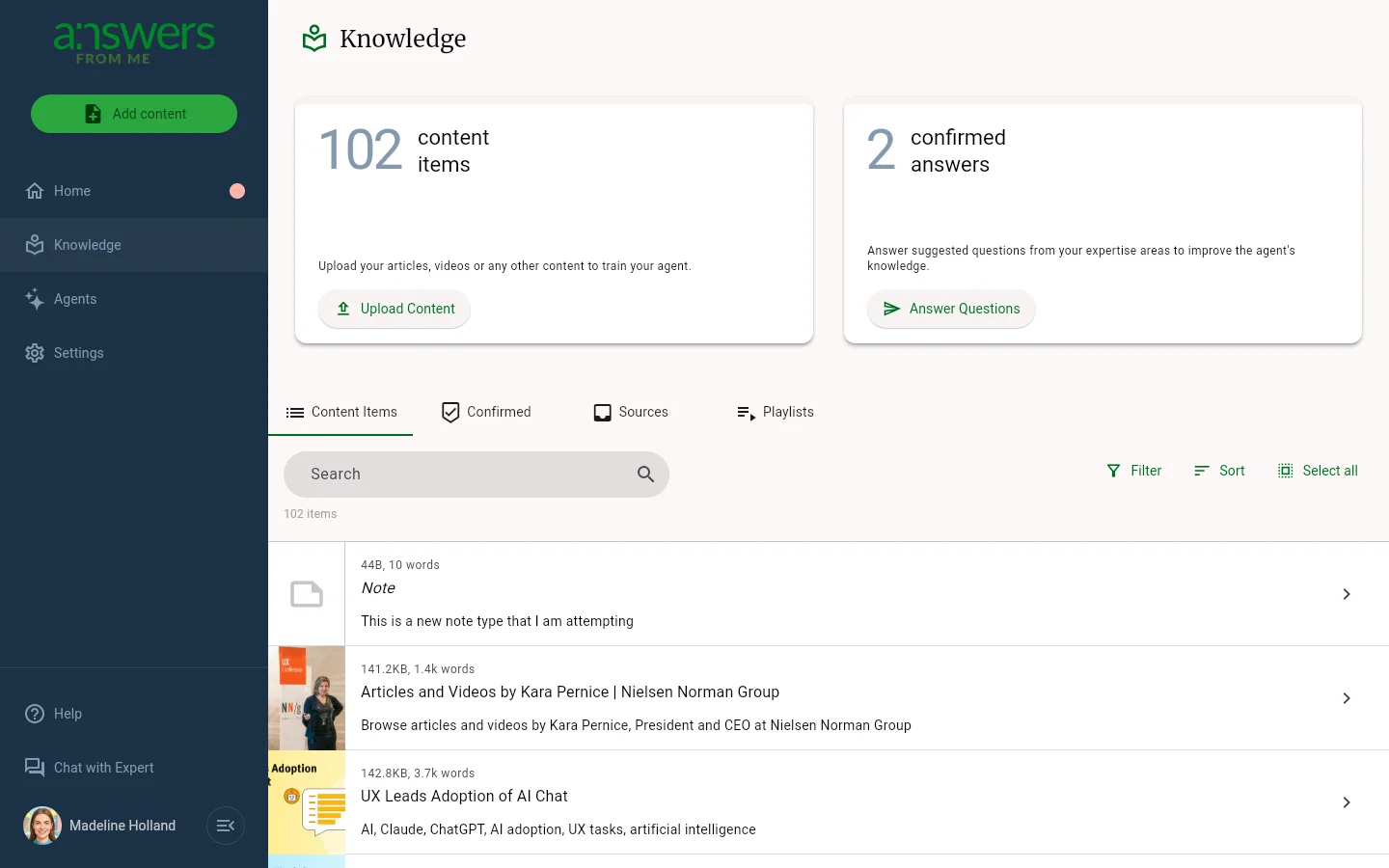 The Knowledge page showing uploaded items