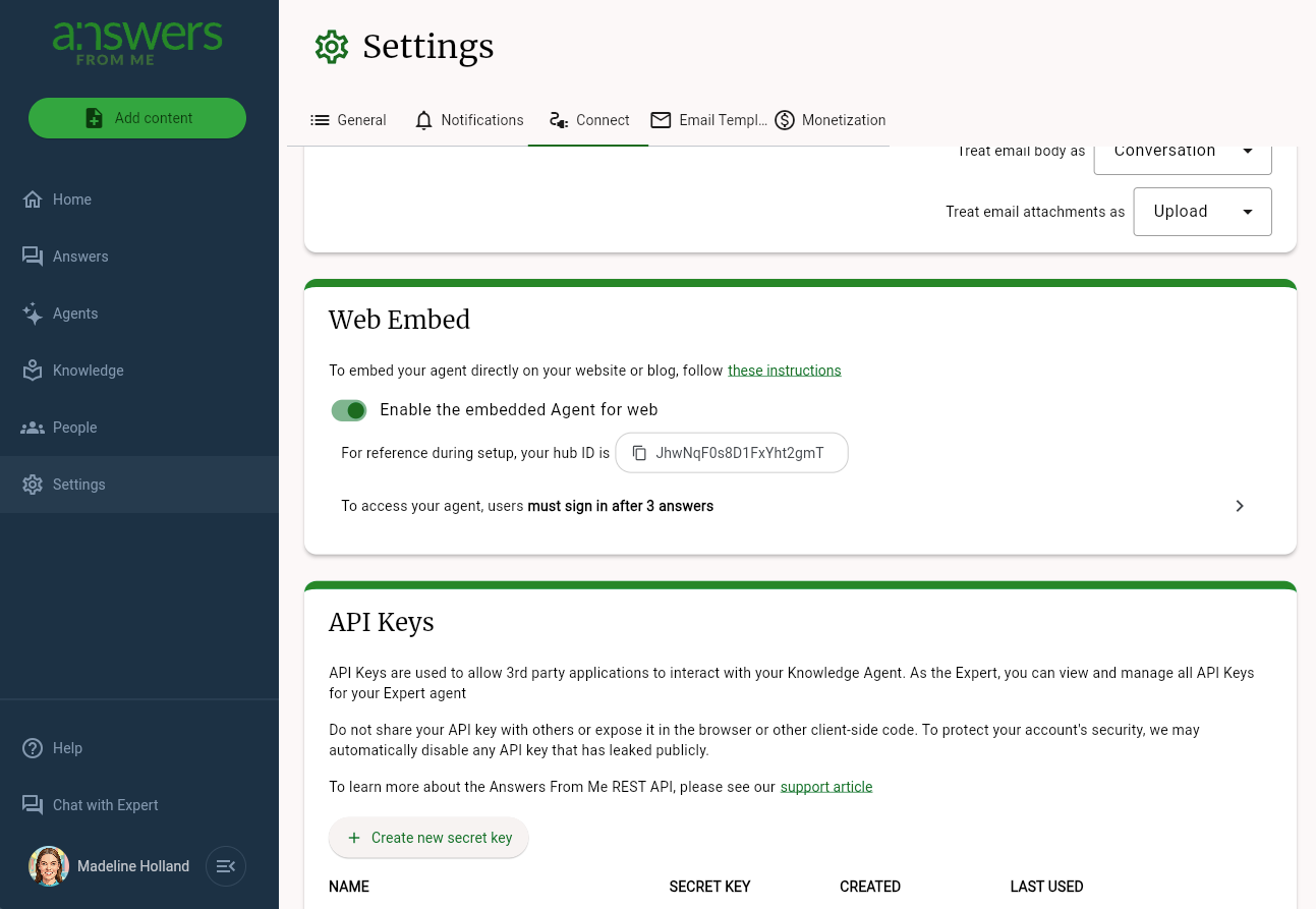 Web embed settings