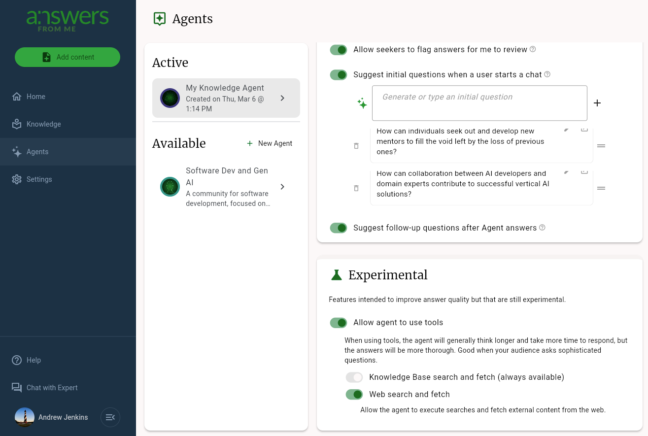 Agent tool use settings