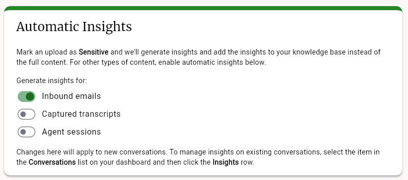 The Automatic Insights settings card