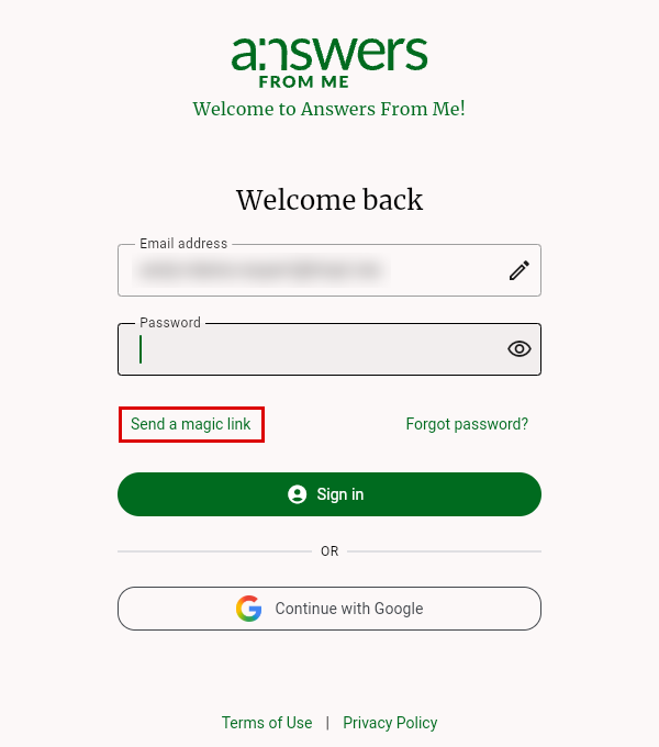 The Welcome back screen with the Send a magic link option