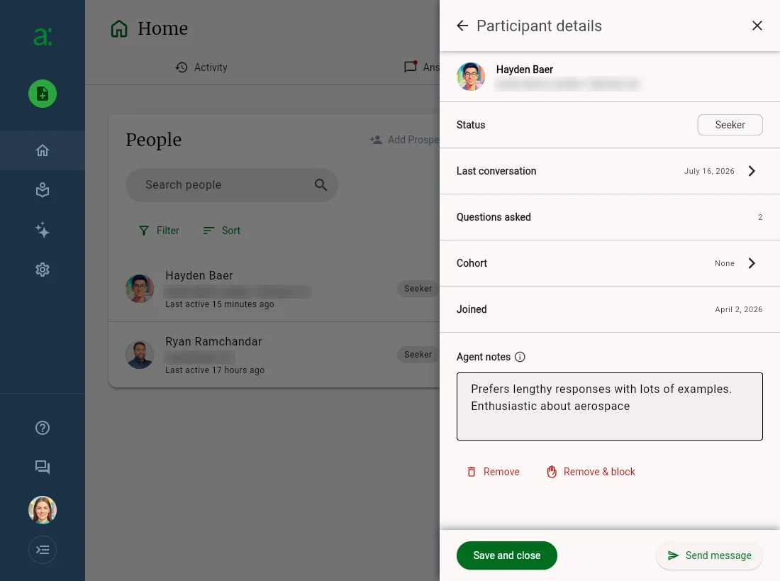 Participant details panel with an agent note entered for a seeker