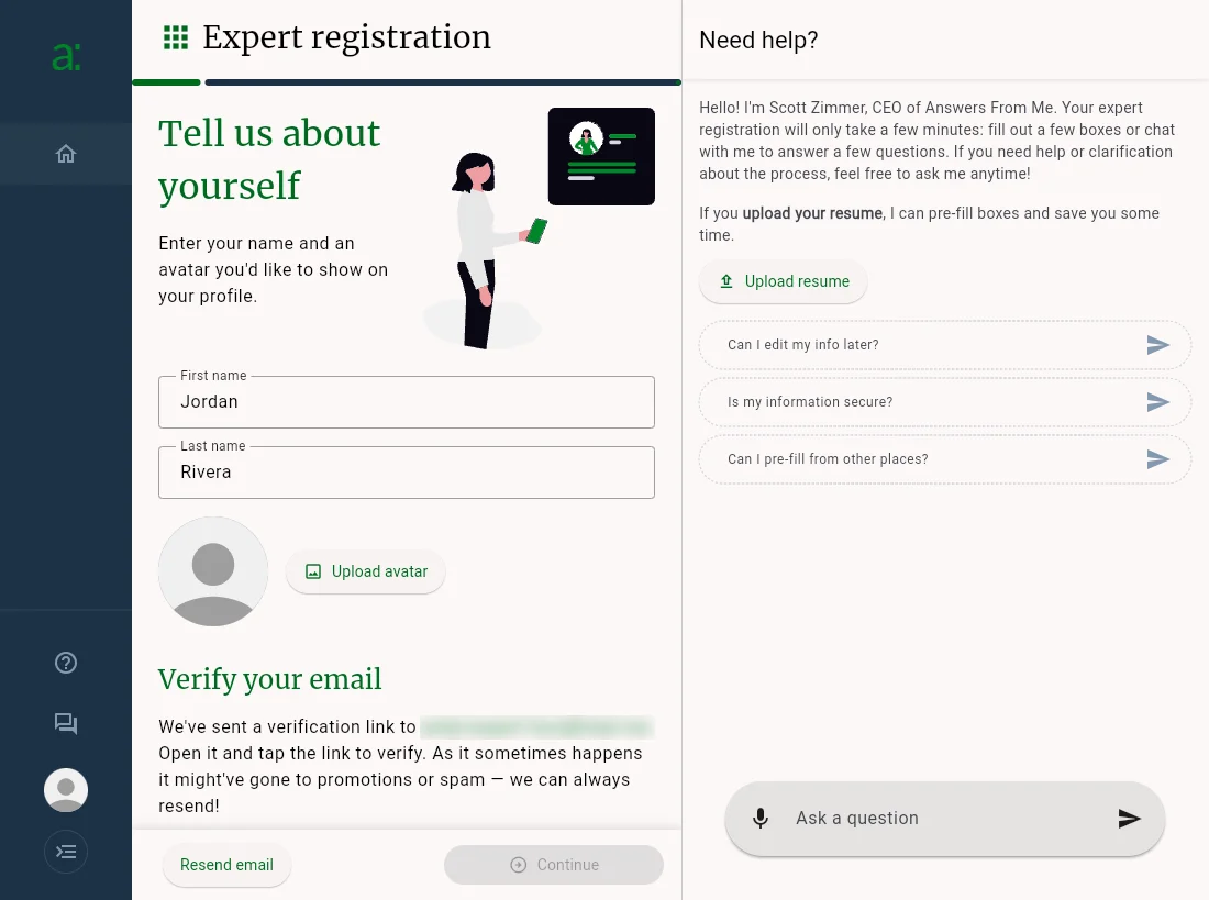 The Tell us about yourself step, waiting for email verification