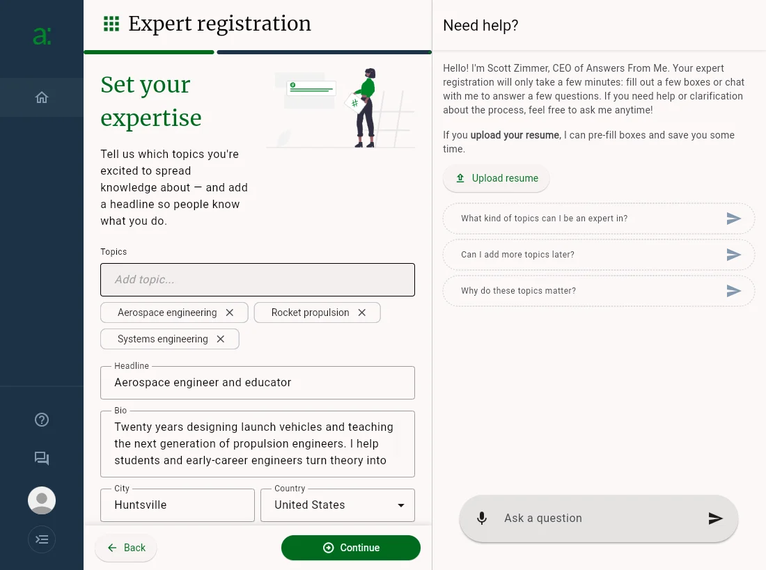 The Set your expertise step