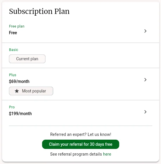 The Subscription Plan card on the Basic plan