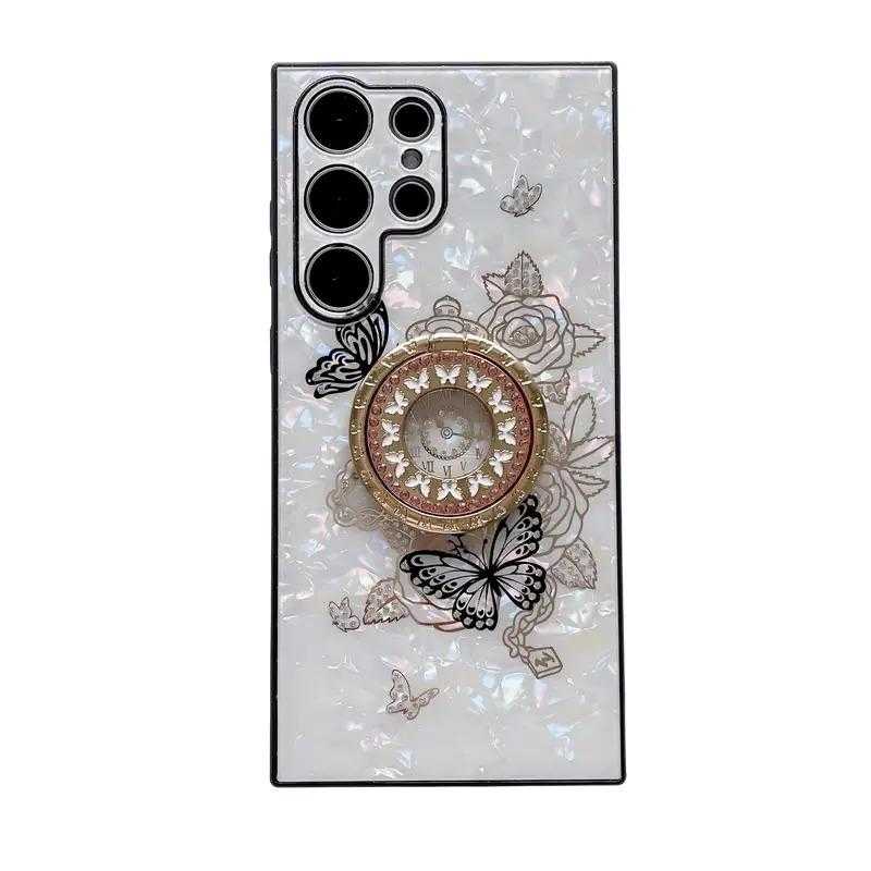  Samsung Galaxy S23  Phone Case Ladies Girl, Luxury Cute Sparkling Diamond Flower Design with Ring Stand, Electroplated Glitter Girl Hard Case-White