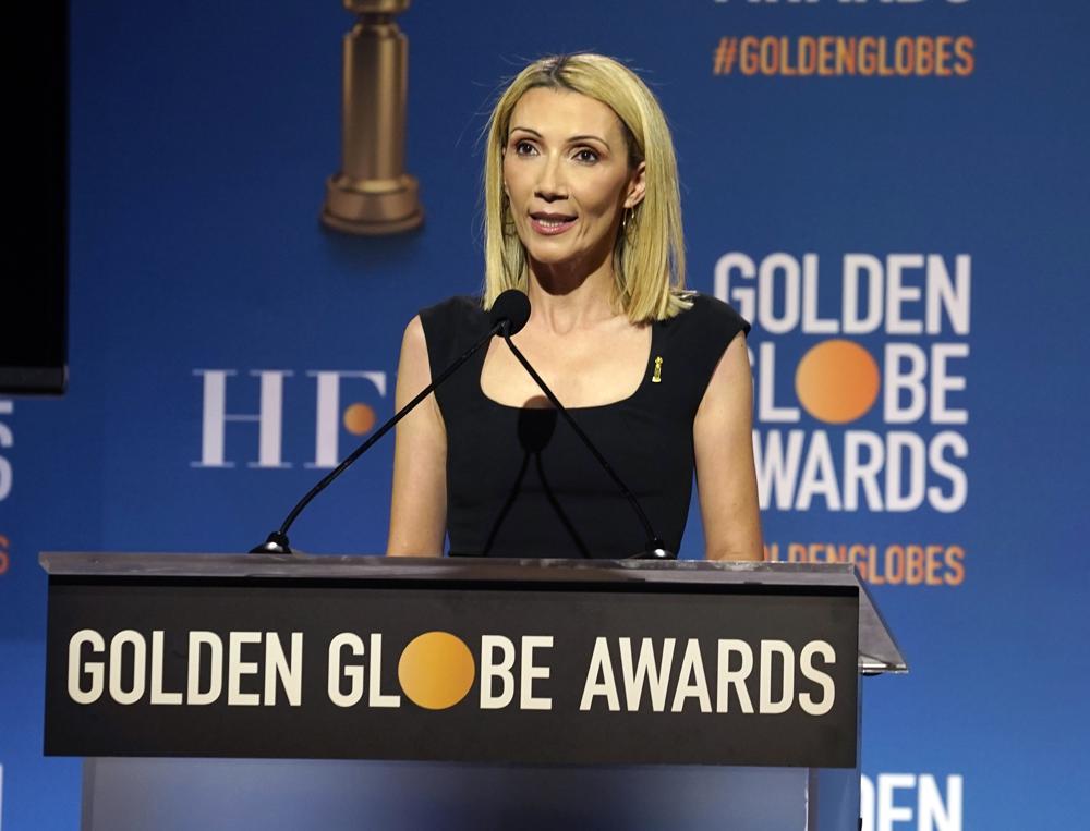 FILE - Helen Hoehne, president of the Hollywood Foreign Press Association, announces nominations for the 79th annual Golden Globe Awards on Dec. 13, 2021, in Beverly Hills, Calif. The 80th annual Golden Globe Awards will take place on Tuesday, Jan. 10. (AP Photo/Chris Pizzello, File)
