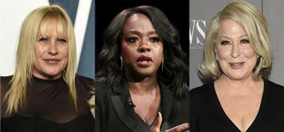 En esta combinación de fotos, de izquierda a derecha, la actriz Patricia Arquette en la fiesta del Oscar de Vanity Fair en Beverly Hills, California, el 27 de marzo de 2022; la actriz Viola Davis promueve su libro "Finding Me" en Nueva York el 27 de abril de 2022; y la actriz y cantante Bette Midler asiste a la entrega de los WSJ. Magazine 2019 Innovator Awards en Nueva York el 6 de noviembre de 2019. Arquette, Davis y Midler están entre muchas celebridades que se han pronunciado sobre la decisión de la Corte Suprema estadounidense de anular Roe vs. Wade, el fallo histórico de 1973 que legalizó el aborto en toda la nación. (Fotos por Evan Agostini/Invision/AP)