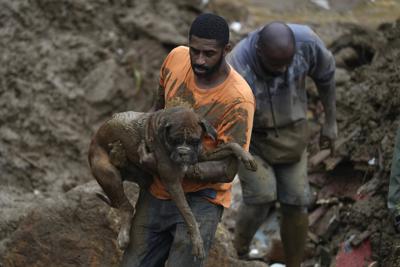En esta imagen de archivo, un hombre lleva en brazos a un perro rescatado en una zona residencial arrasada por los deslaves, en Petrópolis, Brasil, el 16 de febrero de 2022. Los científicos llevan mucho tiempo advirtiendo que el clima extremo provocará desastres en el futuro. Pero para Sudamérica, que en el último mes ha sufrido deslaves letales en Brasil, incendios forestales en humedales argentinos e inundaciones en el Amazonas tan graves que han arruinado las cosechas, el futuro ya está aquí. (AP Foto/Silvia Izquierdo, archivo)
