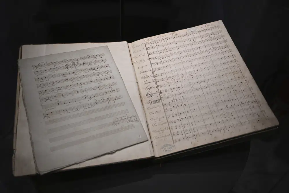 A Ludwig van Beethoven's music manuscript, is seen in the Moravian Museum's collection in Brno on Nov. 30 2022, in Brno, Slovakia. The autograph of the 4th movement of the string quartet in B-flat Major, op. 130, one of the highly valued late quartets by the German composer, is finally to be returned to the heirs of the rightful owners, once the richest family in pre-World War II Czechoslovakia, whose members had to flee the country to escape the Holocaust. (Šálek Václav/CTK via AP)
