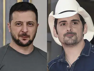 Ukrainian President Volodymyr Zelensky appears in Kyiv, Ukraine, on Sept. 8, 2022, left, and country singer Brad Paisley attends a ceremony honoring Carrie Underwood with a star on the Hollywood Walk of Fame on Sept. 20, 2018, in Los Angeles. Paisley is releasing a new song called “Same Here,” that features Ukraine President Volodymyr Zelenskyy for the one-year anniversary of the Russian-Ukraine war. (Photo by Richard Shotwell/Invision/AP)