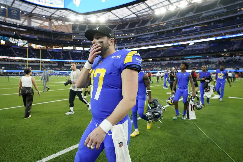 Los Angeles Rams quarterback Baker Mayfield leaves the field after their win against the Denver Broncos in an NFL football game between the Los Angeles Rams and the Denver Broncos on Sunday, Dec. 25, 2022, in Inglewood, Calif. (AP Photo/Jae C. Hong)