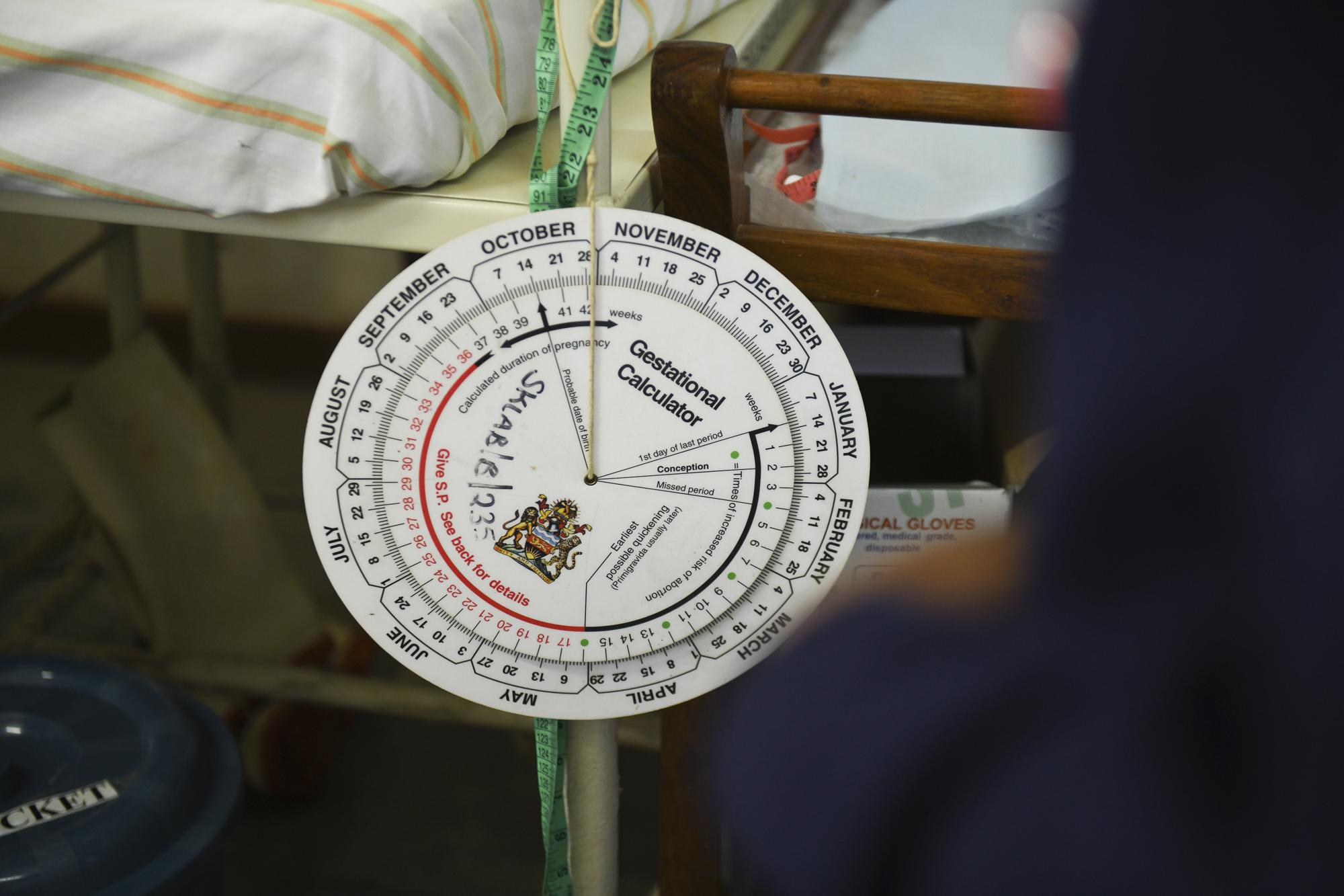 A view of a gestational calculator at St Joseph College of Nursing and Midwifery skills laboratory, in Chiradzulu southern Malawi on Friday, May 28, 2021. Health officials in Malawi say fewer women are getting prenatal care amid the COVID-19 pandemic. At risk are the developing country's gains on its poor rate of maternal deaths. (AP Photo/Thoko Chikondi)