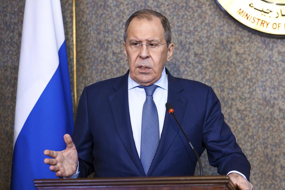 In this handout photo released by Russian Foreign Ministry Press Service, Russian Foreign Minister Sergey Lavrov gestures during a joint news conference with Egyptian Minister of Foreign Affairs Sameh Shoukry, following their talks in Cairo, Egypt, Sunday, July 24, 2022. (Russian Foreign Ministry Press Service via AP)