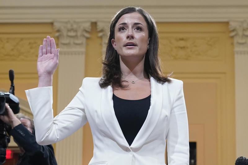 Cassidy Hutchinson, former aide to Trump White House chief of staff Mark Meadows, is sworn in to testify as the House select committee investigating the Jan. 6 attack on the U.S. Capitol continues to reveal its findings of a year-long investigation, at the Capitol in Washington, Tuesday, June 28, 2022. (AP Photo/Jacquelyn Martin)