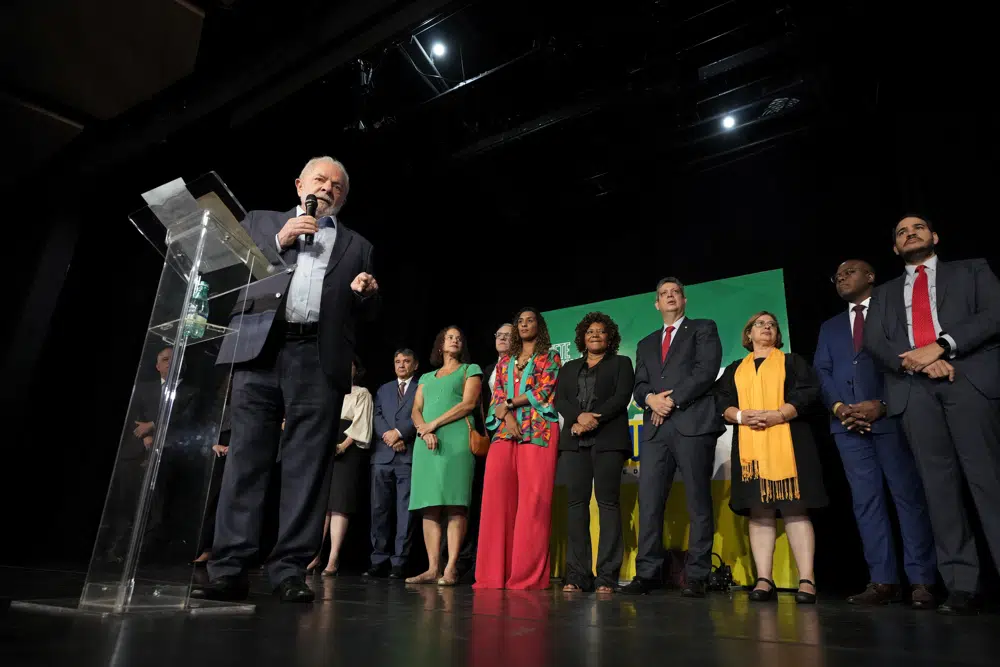 Brazilian President-elect Luiz Inacio Lula da Silva announces people to lead ministries in his upcoming government in Brasilia, Brazil, Thursday, Dec. 22, 2022. Lula will be sworn-in on Jan. 1, 2023. (AP Photo/Eraldo Peres)