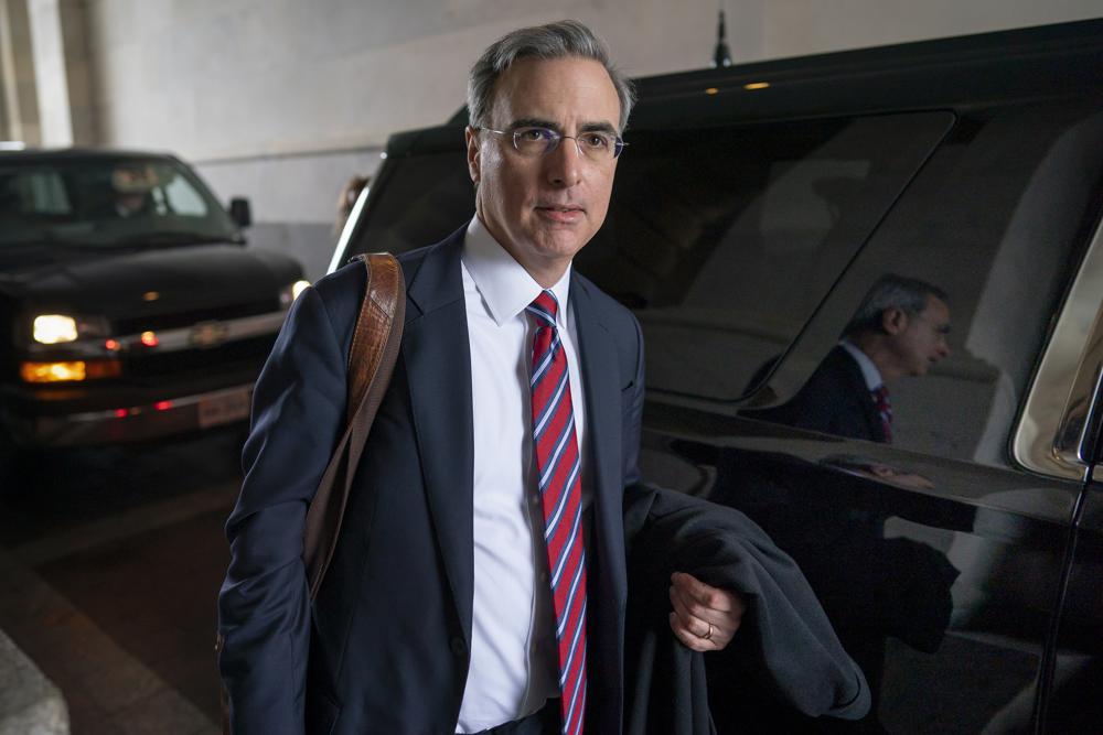 FILE - White House counsel Pat Cipollone departs the U.S. Capitol following defense arguments in the impeachment trial of President Donald Trump on charges of abuse of power and obstruction of Congress, in Washington, Saturday, Jan. 25, 2020. The House committee investigating the Jan. 6 insurrection has issued a subpoena to Cipollone.  (AP Photo/J. Scott Applewhite, File)