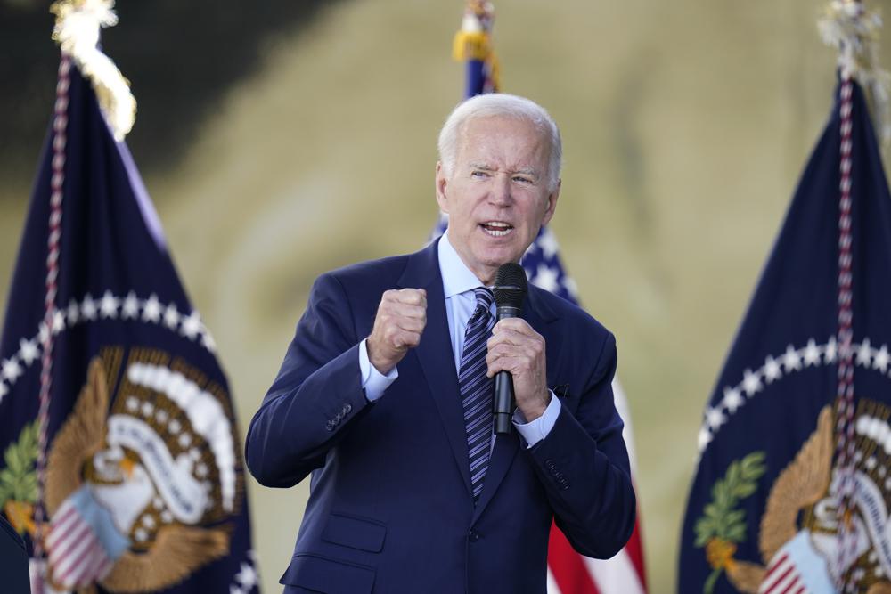 President Joe Biden speaks about the CHIPS and Science Act, a measure intended to boost the semiconductor industry and scientific research, at communications company ViaSat, Friday, Nov. 4, 2022, in Carlsbad, Calif.  (AP Photo/Gregory Bull)