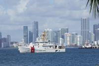The U.S. Coast Guard ship Bernard C. Webber, leaves the coast guard base, Monday, July 19, 2021, in Miami Beach, Fla. The U.S. Coast Guard is searching for 39 people after a good Samaritan rescued a man clinging to a boat off the coast of Florida. (AP Photo/Marta Lavandier)