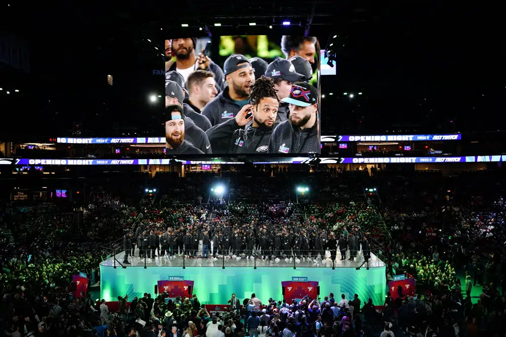 The Philadelphia Eagles arrive for the NFL football Super Bowl 57 opening night, Monday, Feb. 6, 2023, in Phoenix. The Kansas City Chiefs will play the Philadelphia Eagles on Sunday. (AP Photo/Ross D. Franklin)