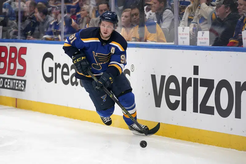 FILE - St. Louis Blues' Vladimir Tarasenko (91) handles the puck during the first period in Game 6 of an NHL hockey Stanley Cup second-round playoff series against the Colorado Avalanche Friday, May 27, 2022, in St. Louis. The New York Rangers have acquired Tarasenko and depth defenseman Niko Mikkola from the Blues, in a deal that sent conditional 2023 first- and 2024 fourth-round picks, forward Sammy Blais and prospect Hunter Skinner to St. Louis. (AP Photo/Jeff Roberson, File)