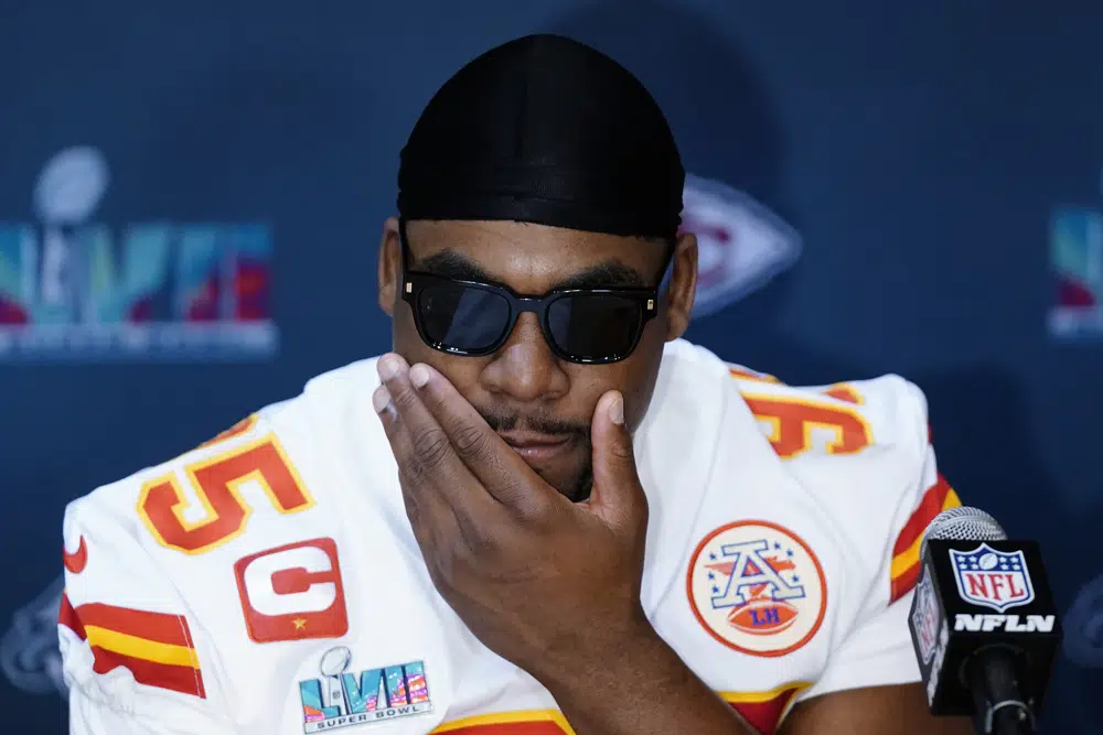 Kansas City Chiefs defensive tackle Chris Jones listens to a question during an NFL football Super Bowl media availability in Scottsdale, Ariz., Wednesday, Feb. 8, 2023. The Chiefs will play against the Philadelphia Eagles in Super Bowl LVII on Sunday. (AP Photo/Ross D. Franklin)