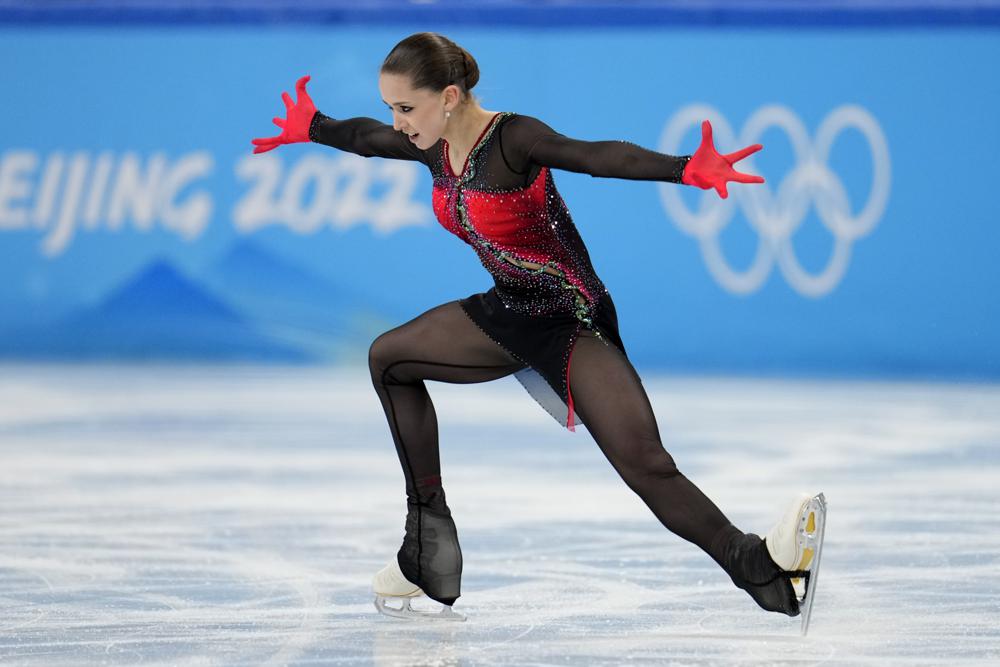 Kamila Valieva, of the Russian Olympic Committee, competes in the women's team free skate program during the figure skating competition at the 2022 Winter Olympics, Monday, Feb. 7, 2022, in Beijing. (AP Photo/Natacha Pisarenko)