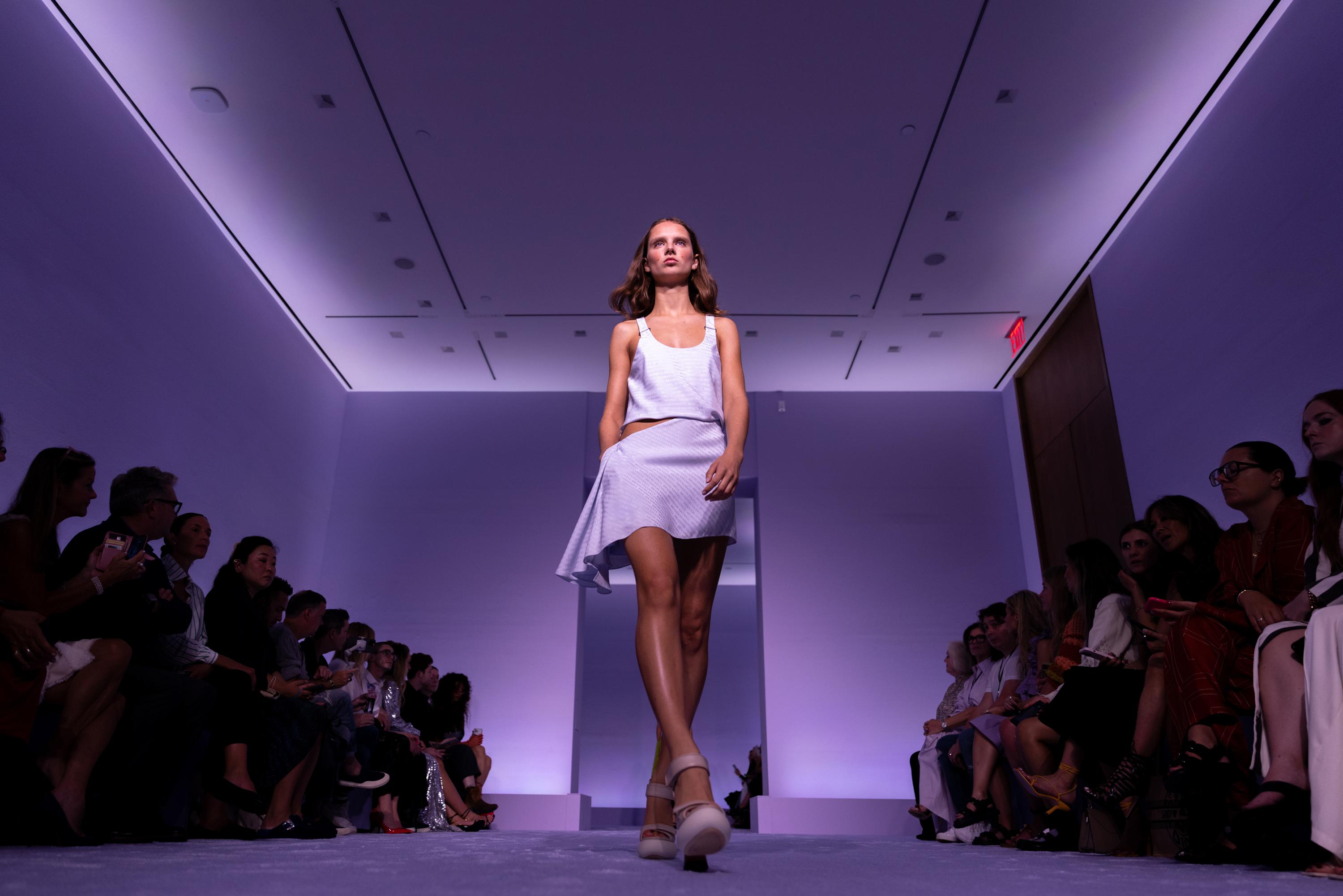 A model walks the runway at the Brandon Maxwell spring/summer 2022 fashion  show in Brooklyn during New York Fashion Week on Friday, Sept. 10, 2021.  (Photo by Evan Agostini/Invision/AP Stock Photo 