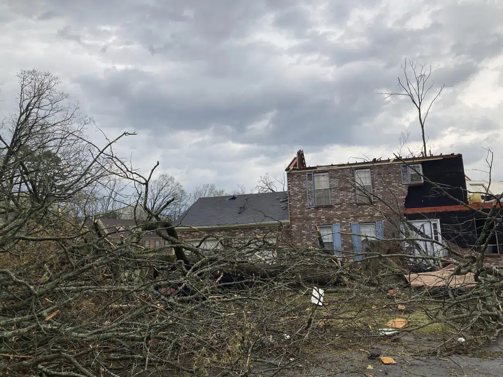 Un hogar dañado y árboles caídos después de que un tornado arrasara Little Rock, Ark., el viernes 31 de marzo de 2023. (Foto AP/Andrew DeMillo)