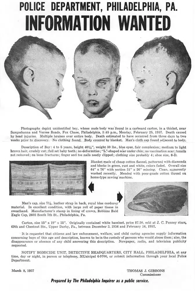 A 1957 police bulletin requesting information in the case of "America's Unknown Child," a body found February 25, 1957 in a box in a thicket in Fox Chase, Philadelphia, P.A. (AP Photo)