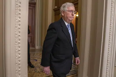 Senate Minority Leader Mitch McConnell, of Ky., arrives for a news conference with members of the Senate Republican leadership, Tuesday, Dec. 6, 2022, on Capitol Hill in Washington. (AP Photo/Jacquelyn Martin)