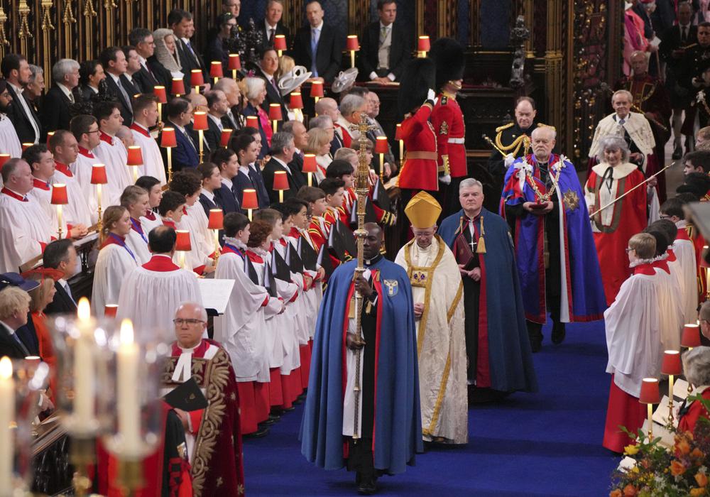 Archbishop of Canterbury Justin Welby, centre right, attends the coronation ceremony of Britain's King Charles III in Westminster Abbey, London, Saturday, May 6, 2023. (Aaron Chown/Pool Photo via AP)