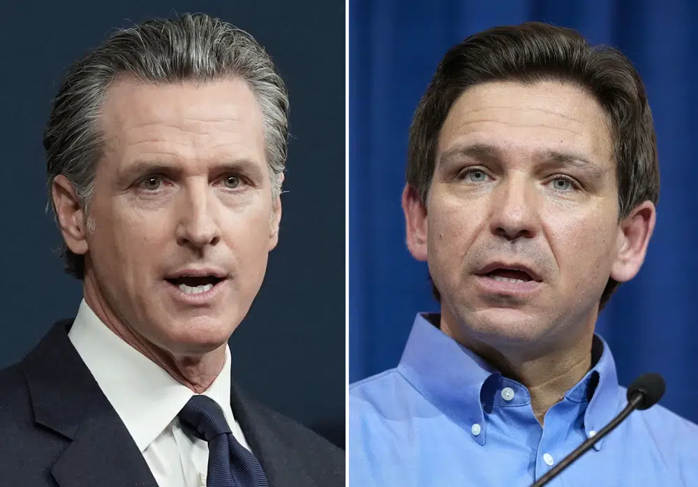 FILE - This combination of photos shows California Gov. Gavin Newsom speaking in Sacramento, Calif., on June 24, 2022, left, and Florida Gov. Ron DeSantis speaking in Sioux Center, Iowa, May 13, 2023, right. (AP Photo, File)