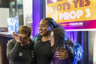 Supporters react as preliminary results come in for Michigan Proposal 3 on Election Day, Tuesday, Nov. 8, 2022, in Detroit, Mich. Abortion rights supporters won in the four states where access was on the ballot Tuesday, as voters enshrined it into the state constitution in battleground Michigan as well as blue California and Vermont and dealt a defeat to an anti-abortion measure in deep-red Kentucky. (Ryan Sun/Ann Arbor News via AP)