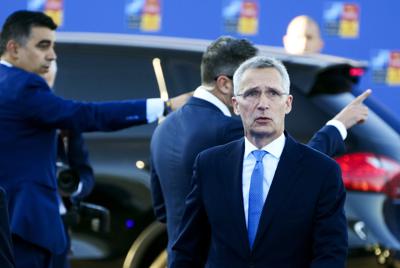 El secretario general de la OTAN, Jens Stoltenberg, a su llegada a la cumbre de la OTAN, en Madrid, España, el 29 de junio de 2022. (AP Foto/Paul White)