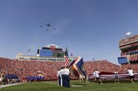 To commemorate the 20th anniversary of 9/11, the 155th Air Refueling Wing of Lincoln, Neb., flies a KC-135 Stratotanker, center, alongside three F-16 Fighting Falcons flown by the 114th Fighter Wing of Sioux Falls, South Dakota, over Memorial Stadium during the playing of the national anthem before Buffalo plays against Nebraska in an NCAA college football game, Saturday, Sept. 11, 2021, in Lincoln, Neb. (AP Photo/Rebecca S. Gratz)