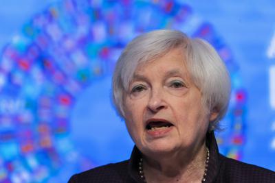 FILE - Treasury Secretary Janet Yellen speaks during a news conference at the 2022 annual meeting of the International Monetary Fund and the World Bank Group, Oct. 14, 2022, in Washington. Yellen is promoting Biden administration policies as the key to advancing the nation's "long-term economic well being" in the lead-up to the midterm elections (AP Photo/Manuel Balce Ceneta, File)