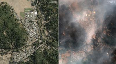 En estas imágenes satelitales proporcionadas por Maxar Technologies se muestra en el lado izquierdo una panorámica de Greenville, California, el 31 de octubre de 2018, y en el lado derecho una vista de la comunidad mientras es arrasada por el incendio Dixie el lunes 9 de agosto de 2021. (Satellite image ©2021 Maxar Technologies vía AP)