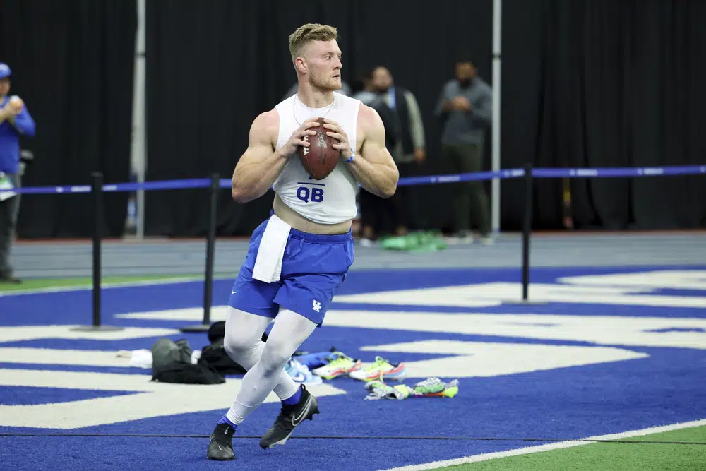 Kentucky's Will Levis prepares to throw during the NCAA college football team's NFL Pro Day in Lexington, Ky., Friday, March 24, 2023. (AP Photo/James Crisp)