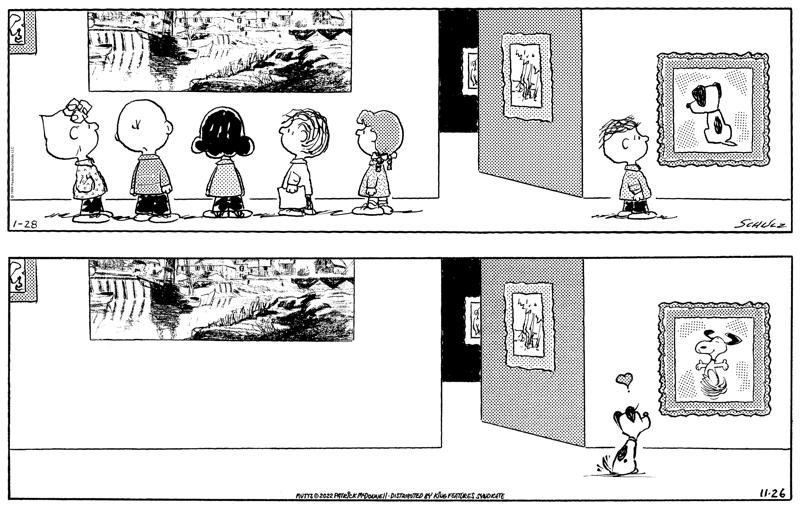 This combination of photos shows a “Peanuts” cartoon by Charles M. Schulz in 1999 showing kids at a museum with one off on the side, gazing at a painting of the dog Earl from “Mutts," top, and an upcoming "Mutts" cartoon by Patrick McDonnell showing Earl at the museum fondly looking at a framed image of Snoopy. More than 75 syndicated cartoonists have tucked tributes, Easter eggs and references to “Peanuts” in Nov. 26/Saturday's funny papers to honor the creator of Charlie Brown, Snoopy and company. (Peanuts via AP, top and King Features Syndicate via AP)