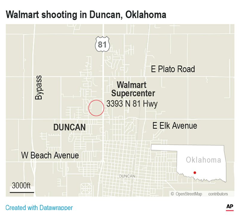 Police have confirmed that three people have been shot and killed at the Walmart in Duncan. (Credit: AP)